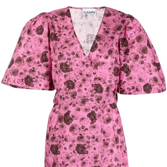 Ganni Floral Print Cotton Poplin Wrap Mini Dress Fits US sz 2-4, tag sz 38 (DE) - Picture 2 of 13